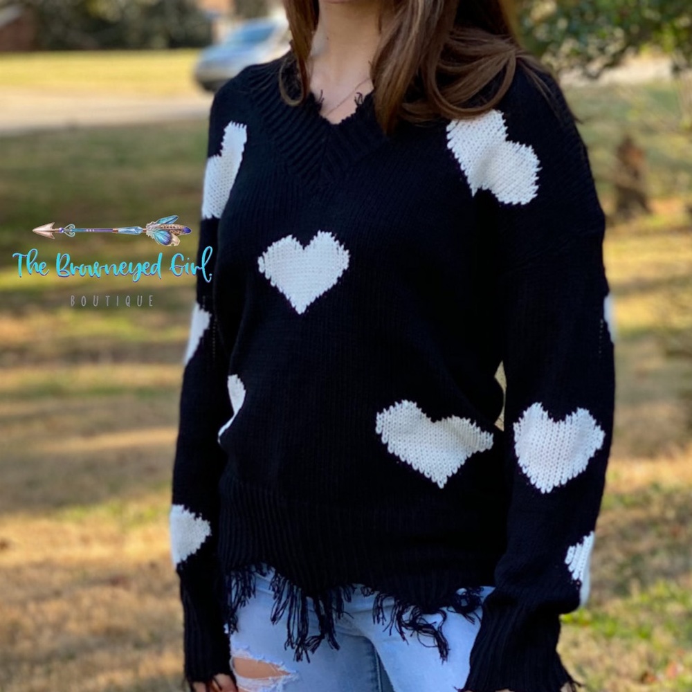 Touch My Heart Sweater Black White Hearts - Picture 2 of 2